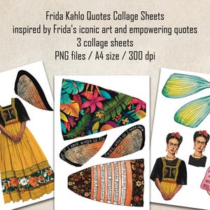 Frida Kahlo articulated paper doll, Frida Kahlo quotes paper doll collage sheet, Cut out Frida Kahlo paper doll collage sheets
