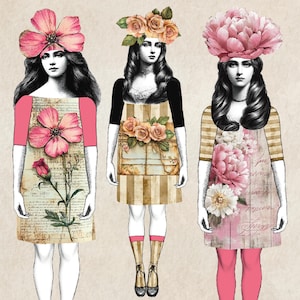 Gelenkte Papierpuppe Collage Sheet, Körper Positive bewegliche Papierpuppen Clip Art, schrullig Fantasie Ausschnitt Ephemera Botanische Blumen Mädchen 36