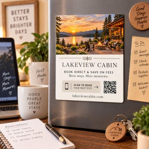 May include: A rectangular magnetic sign featuring a sunset lake view with a fire pit and cabin. Text reads: LAKEVIEW CABIN, BOOK DIRECT & SAVE ON FEES, More stays. More memories., SCAN TO BOOK YOUR NEXT STAY, and lakeviewcabin.com with a QR code.