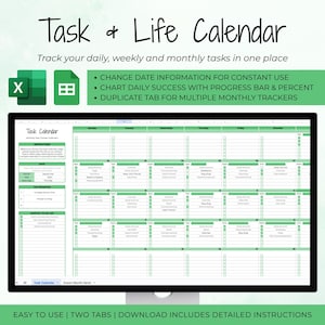 Life Calendar & Task Tracker | Daily + Weekly + Monthly Planner | Google Sheets + Excel | Progress Bars | Editable Routine Schedule