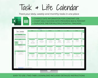 Editable Life Calendar | Monthly Calendar | Task Tracker | Daily Routine Schedule | Weekly Calendar | To-Do List | Google Sheets & MS Excel