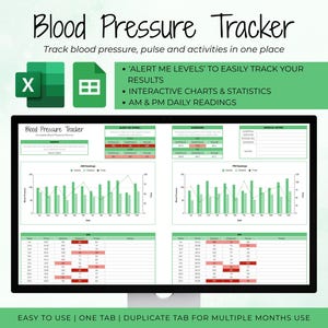 Bewerkbare bloeddruktracker-spreadsheet | Bloeddruk- en polsgrafiek | Ziekte- en welzijnstracker | Google Spreadsheets en MS Excel-sjabloon
