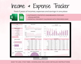 Hoja de cálculo editable para el seguimiento de ingresos y gastos / Planificador de finanzas personales / Registro de facturas / Registro de gastos mensuales / Excel y Google Sheets