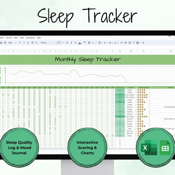 Editable Sleep Tracker Spreadsheet | Daily and Monthly Journal | Sleep Quality Log | Mood Journal | Google Sheets & Microsoft Excel Template