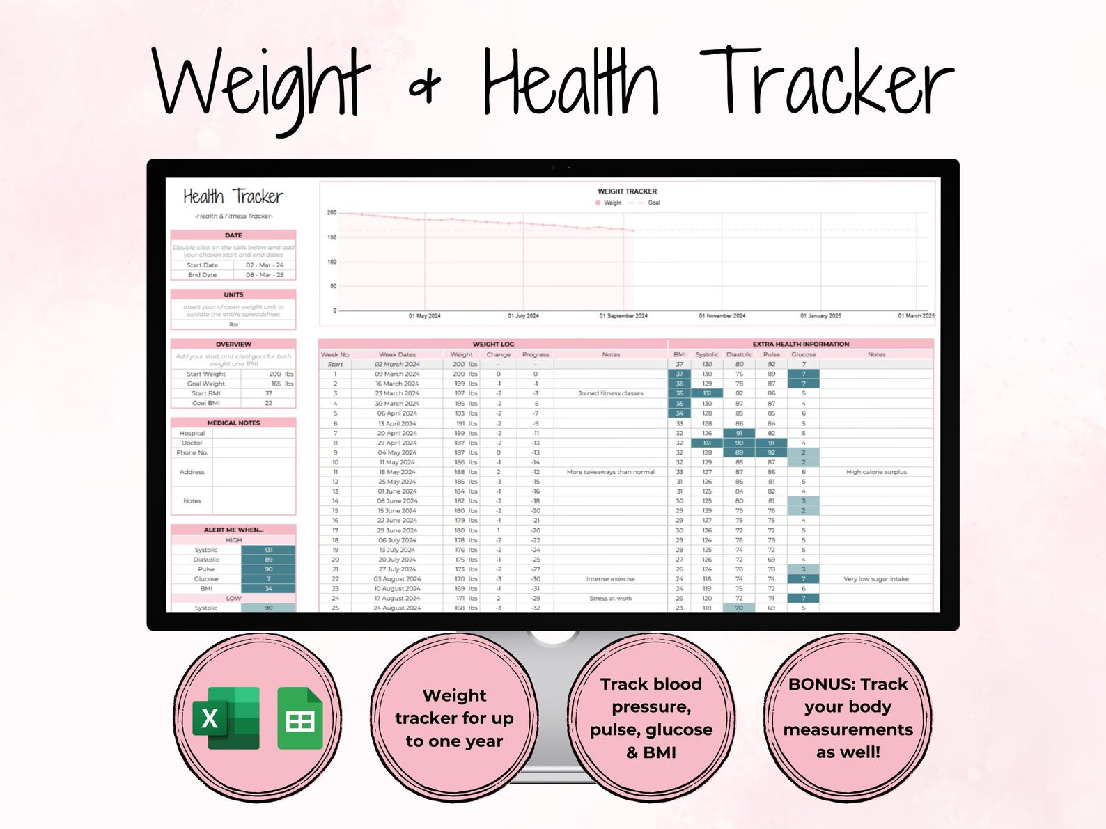 Editable Weight & Health Tracker | Weight Loss Planner | Body ...
