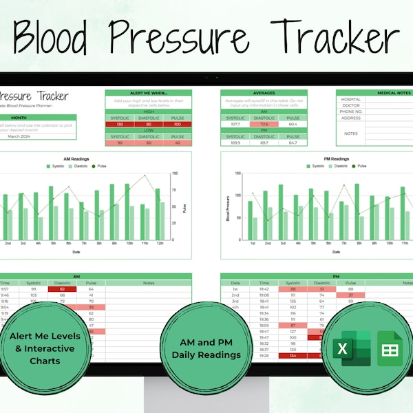 Editable Blood Pressure Tracker Spreadsheet | Blood Pressure and Pulse Chart | Illness, Wellness Tracker | Google Sheets & MS Excel Template