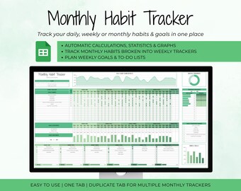 Monthly Habit Tracker: Google Sheets Template, Goal Planner (Digital Download)