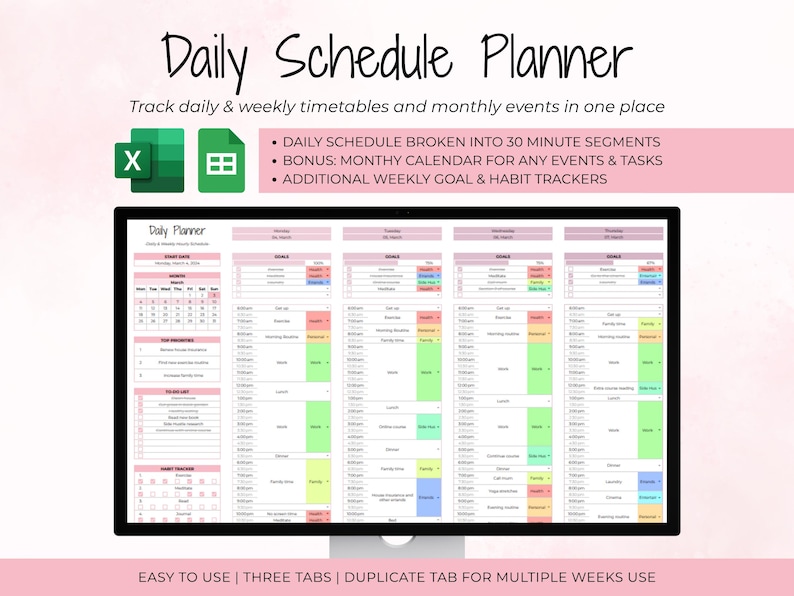 Editable Weekly Planner Template: Daily Schedule, Google Sheets & Excel ...
