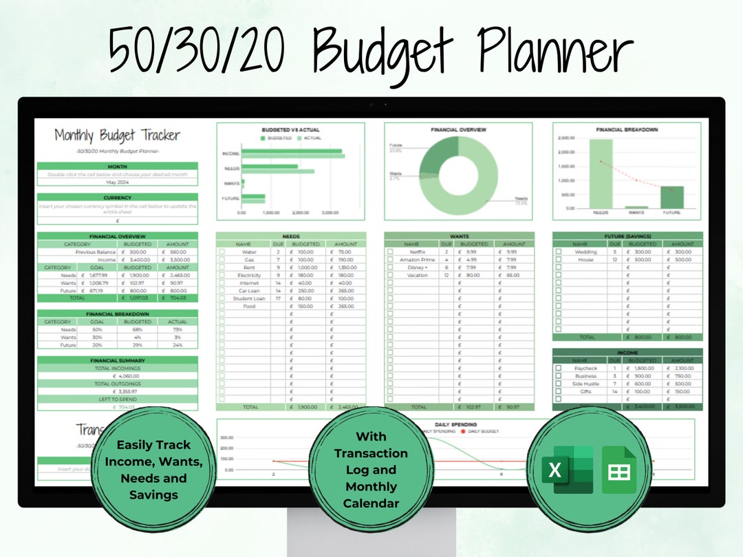 50/30/20 Budget Planner | Google Sheets & Microsoft Excel | Monthly ...