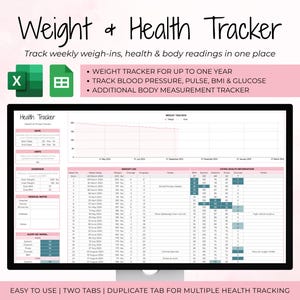 Seguimiento de peso y salud editable / Planificador de pérdida de peso / Medidas corporales / Presión arterial / Azúcar en sangre / IMC / Hojas de cálculo de Google y MS Excel
