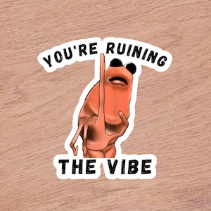 Puede incluir: Una pegatina con una criatura naranja de dibujos animados con grandes ojos negros y un dedo levantado. El texto "YOU'RE RUINING THE VIBE" está escrito en blanco alrededor de la criatura.