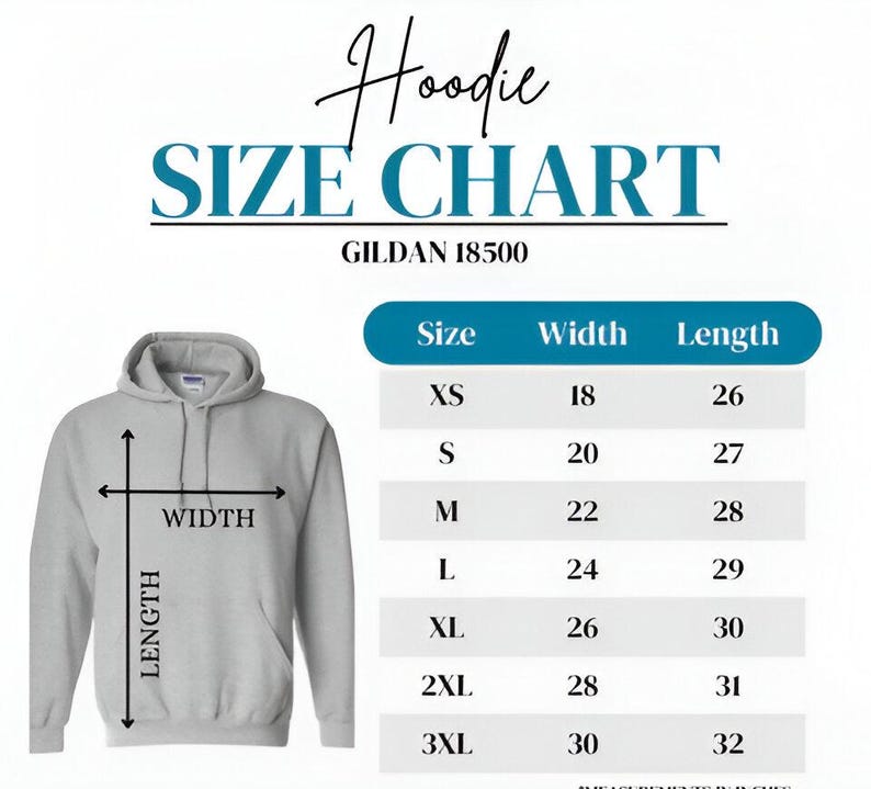 May include: A light grey hooded sweatshirt displayed next to a size chart for the Gildan 18500 model. The chart lists sizes from XS to 3XL with corresponding width and length measurements in inches, indicated by arrows on the hoodie graphic.