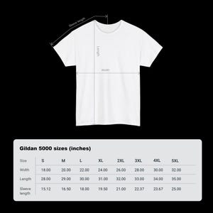 May include: A plain white short-sleeve t-shirt with a diagram showing sleeve length, body length, and width. Below the shirt is a size chart titled Gildan 5000 sizes (inches) listing measurements for sizes S through 5XL in inches.