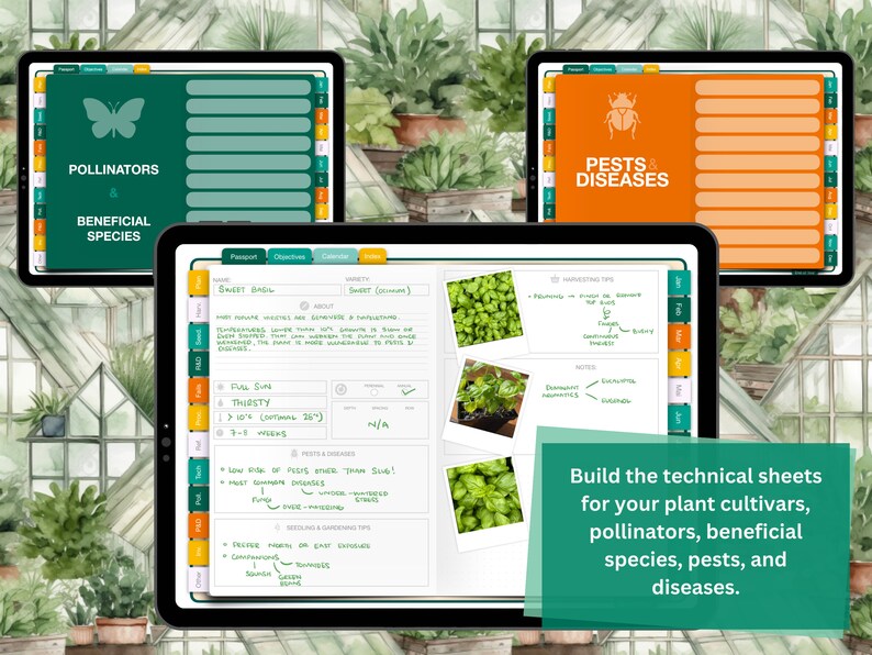 May include: A digital tablet screen displaying a green and orange template for creating technical sheets for plants, pollinators, beneficial species, pests, and diseases. The template includes sections for "Pollinators & Beneficial Species", "Pests & Diseases", and "Sweet Basil".