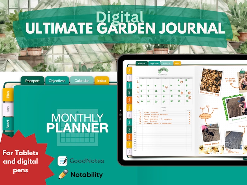 May include: A digital garden journal with a green cover and the text "Digital Ultimate Garden Journal" and "Monthly Planner". The journal is open to a calendar page with the month of April and a page with a list of tasks and photos of a garden.