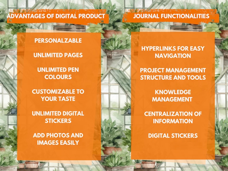 May include: A digital journal with a green and white watercolour background. The left side lists advantages of a digital product, including unlimited pages, customisable colours, and digital stickers. The right side lists journal functionalities, including hyperlinks for easy navigation, project management, and knowledge management.