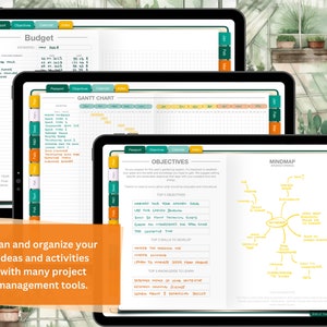 May include: Three digital tablet screens displaying various project management tools, including a budget, Gantt chart, and mind map. The screens are on a table with a green and white background.