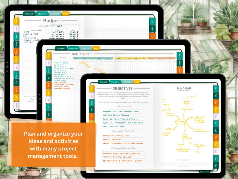 May include: Three digital tablet screens displaying various project management tools, including a budget, Gantt chart, and mind map. The screens are on a table with a green and white background.