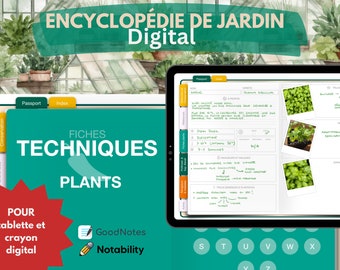 May include: A digital gardening encyclopedia with a green cover and the title "ENCYCLOPÉDIE DE JARDIN Digital". The cover features a watercolor illustration of a greenhouse with plants. The encyclopedia is open to a page with a plant profile for "BASILIUM BASILICUM". The page includes information about the plant, including its growing requirements, care instructions, and a photo of the plant. The encyclopedia is designed for use with digital note-taking apps like GoodNotes and Notability.