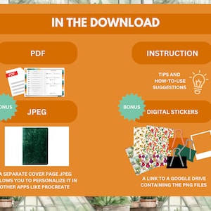 May include: A digital download for a printable planner with a green and orange cover. The download includes a PDF, a JPEG cover page, and digital stickers. The JPEG cover page can be personalised in apps like Procreate.