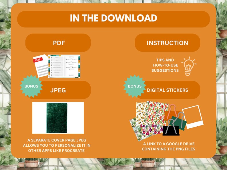 May include: A digital download for a printable planner with a green and orange cover. The download includes a PDF, a JPEG cover page, and digital stickers. The JPEG cover page can be personalised in apps like Procreate.