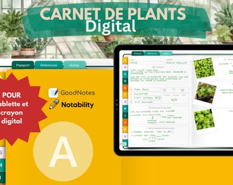 May include: A digital planner for plants with a yellow cover and a green tab labeled "Passport". The planner is open to a page with a section for "Notes" and a photo of a potted basil plant. The planner is designed for use with the GoodNotes and Notability apps.
