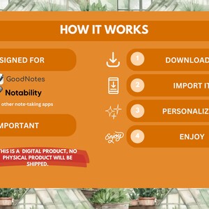 May include: Orange and white graphic with the text "HOW IT WORKS" and a four-step process for using digital note-taking apps. The steps are: Download it, Import it, Personalise it, and Enjoy. The graphic also includes the text "DESIGNED FOR" and lists the apps GoodNotes and Notability. The graphic also includes the text "IMPORTANT" and the text "THIS IS A DIGITAL PRODUCT, NO PHYSICAL PRODUCT WILL BE SHIPPED."