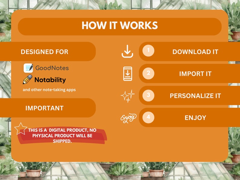 May include: Orange and white graphic with the text "HOW IT WORKS" and a four-step process for using digital note-taking apps. The steps are: Download it, Import it, Personalise it, and Enjoy. The graphic also includes the text "DESIGNED FOR" and lists the apps GoodNotes and Notability. The graphic also includes the text "IMPORTANT" and the text "THIS IS A DIGITAL PRODUCT, NO PHYSICAL PRODUCT WILL BE SHIPPED."