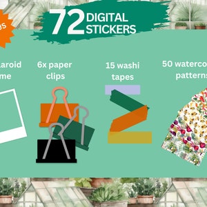 May include: A digital sticker pack with 72 stickers, including 50 watercolour patterns, 15 washi tapes, and 6 paper clips. The pack also includes a bonus Polaroid frame.