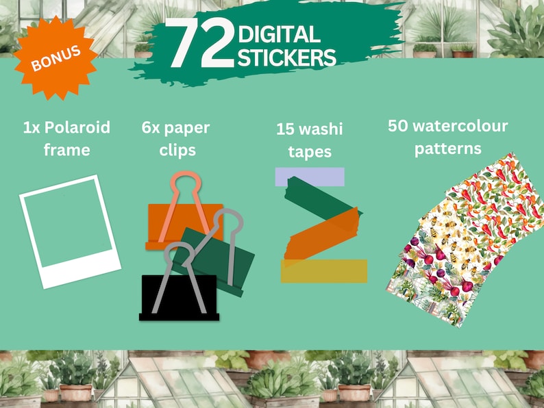 May include: A digital sticker pack with 72 stickers, including 50 watercolour patterns, 15 washi tapes, and 6 paper clips. The pack also includes a bonus Polaroid frame.