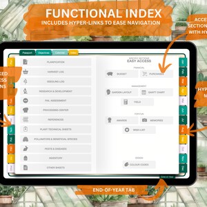 May include: A digital planner for gardening with 12 hyperlinked tabs to access different sections, including a calendar, harvest log, research and development, and more. The planner also includes 12 hyperlinked monthly tabs for easy navigation.