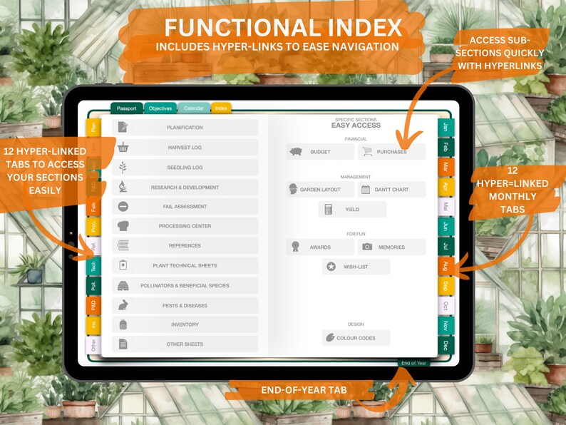 May include: A digital planner for gardening with 12 hyperlinked tabs to access different sections, including a calendar, harvest log, research and development, and more. The planner also includes 12 hyperlinked monthly tabs for easy navigation.