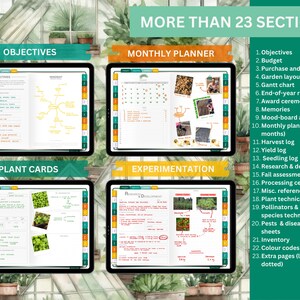 May include: A digital planner for gardening with sections for objectives, monthly planning, plant cards, and experimentation. The planner includes a list of 23 sections, including budget, purchase and grocery list, garden layout, Gantt chart, end-of-year review, award ceremony, memories, mood board and wish list, monthly planner, harvest log, yield log, seedling log, research and development, fail assessment, processing centre, misc. references, plant technical sheets, pollinators and beneficial species technical sheets, pests and diseases technical sheets, inventory, colour codes, and extra pages.