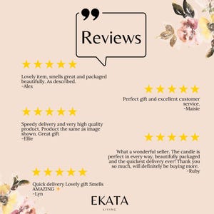 May include: Image featuring customer reviews for EKATA LIVING products. The reviews are displayed with a five-star rating system and include comments about the product quality, packaging, and delivery speed. The EKATA LIVING logo is at the bottom.