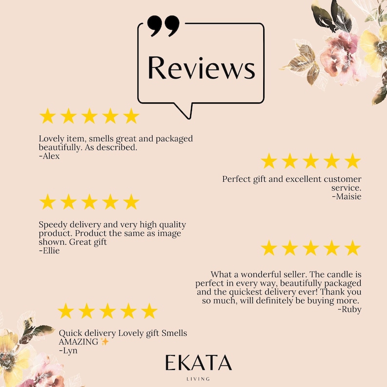 May include: Image featuring customer reviews for EKATA LIVING products. The reviews are displayed with a five-star rating system and include comments about the product quality, packaging, and delivery speed. The EKATA LIVING logo is at the bottom.