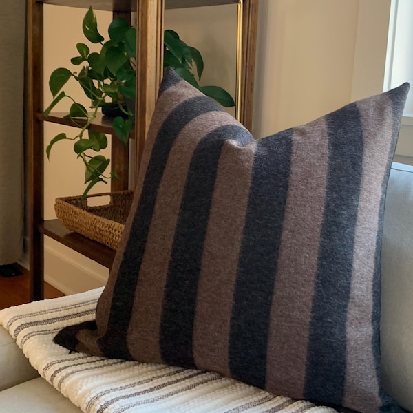 Wool, Pillow Cover, Two Color Options, Brown/Black, Charcoal/Black, Stripe