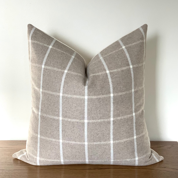 Wool, pillow cover, plaid, beige, greige, cream