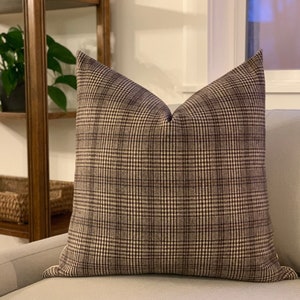 Wool, pillow cover, plaid, brown, ivory, rust, blue