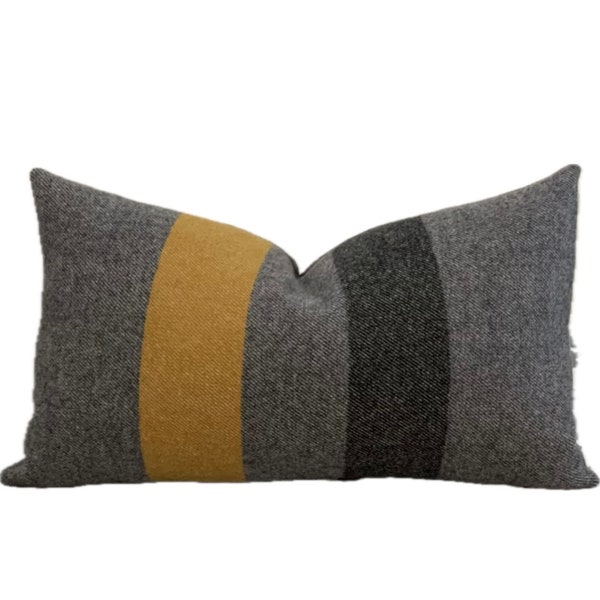 Wool, pillow cover, gray, charcoal, mustard, stripe