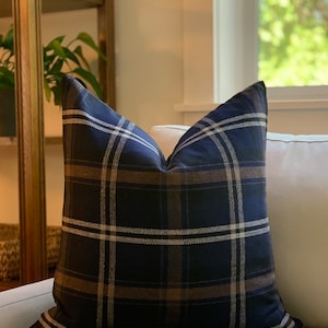 Wool, pillow cover, plaid, navy blue, black, brown, gray