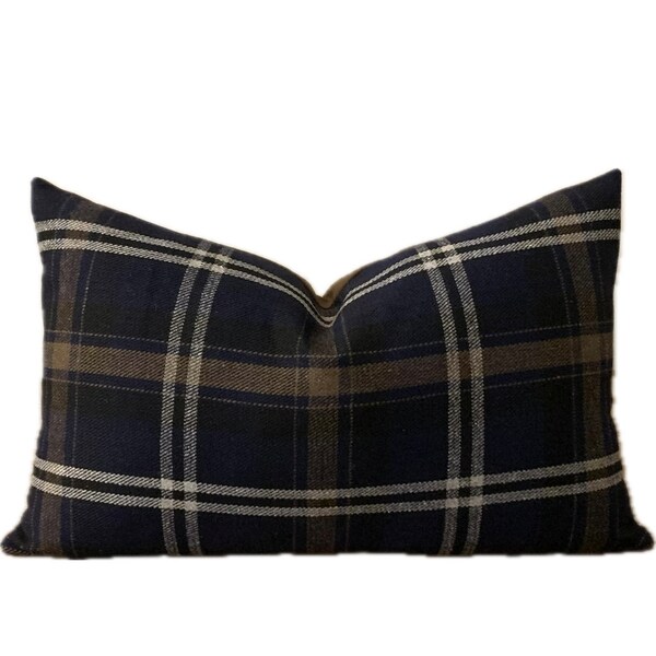 Wool, pillow cover, plaid, navy blue, black, brown, gray