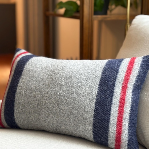 Wool, Pillow Cover, Stripe, Lumbar, Navy, Gray, Red