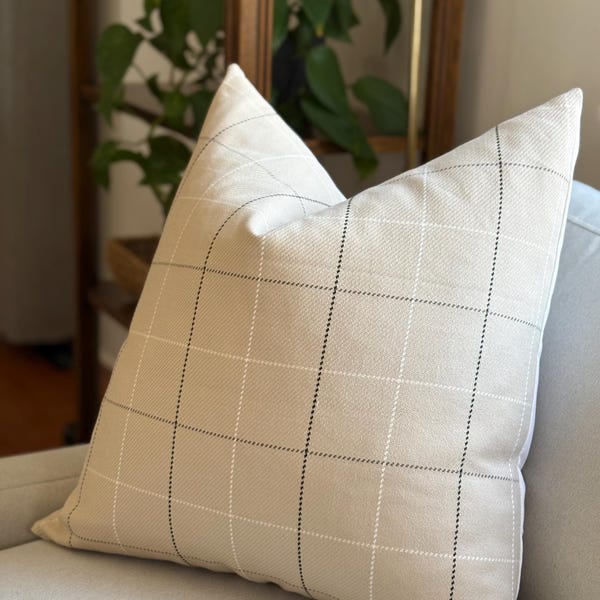 Pillow cover, Windowpane plaid, Ecru, Tan, Black, White