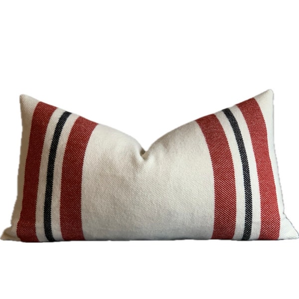 Wool pillow cover, red, black, cream, stripe