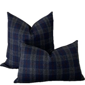 Wool, pillow cover, navy, black, gray, red, plaid