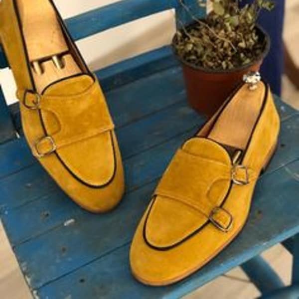 Handmade Premium Quality Leather Camel Colour Double Monk Strap Men Shoes