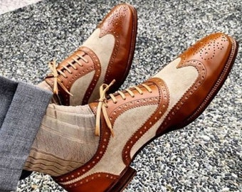 Handmade Premium Quality Suede Leather Cream Brown Colour Oxford Wing Tip Brogue Men Shoes