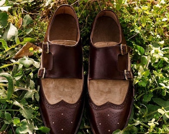 Handmade Premium Quality Suede Leather Tan & Dark Brown Colour Double Monk Strap Men Shoes