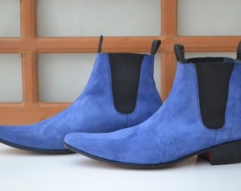 Handmade Premium Quality Suede Leather Blue Colour Chelsea Ankle High Men Boots