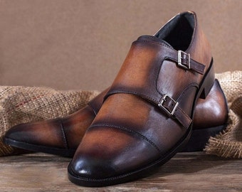 Handmade Premium Quality Leather Brown Black Colour Double Monk Strap Men Shoes